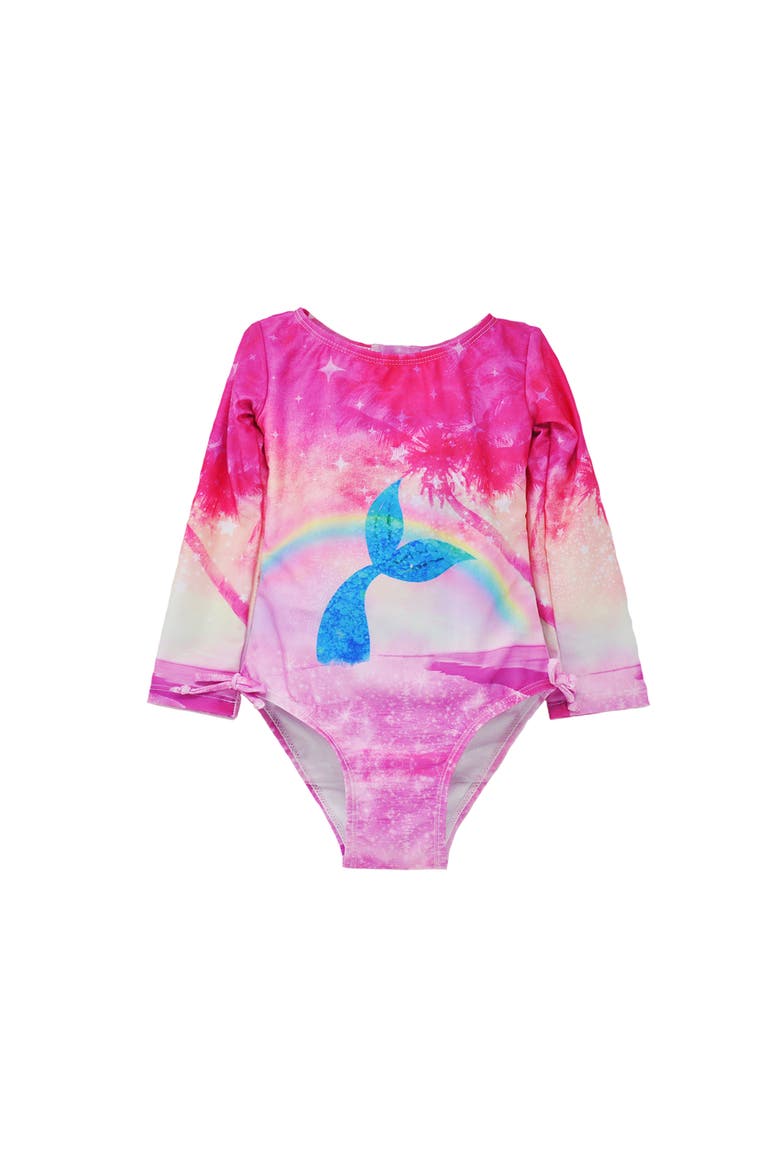 Girl's  UPF 50+ Charlie Long SleeveRash Guard Swimsuit, Alternate, color, Rainbow Splash