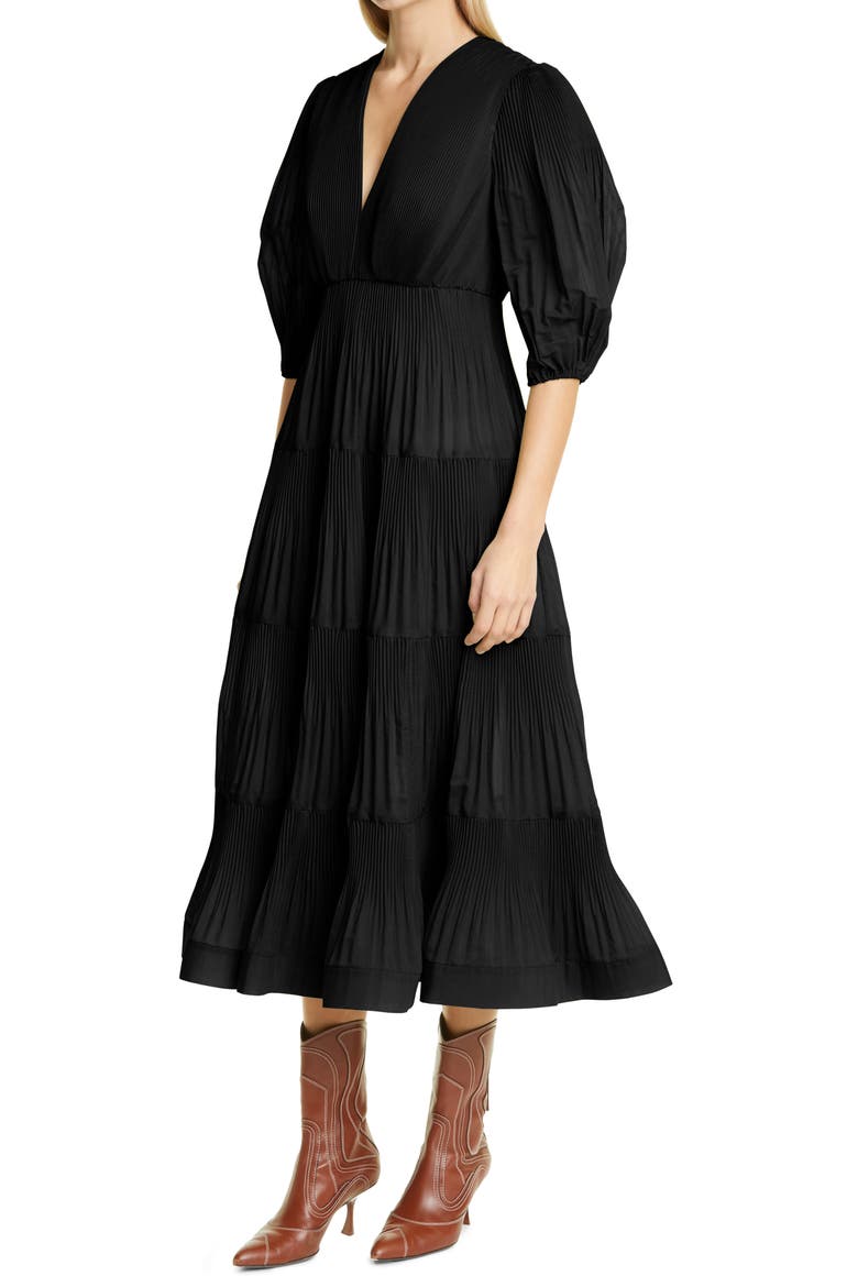 Pleated Balloon Sleeve Tiered Dress, Alternate, color, BLACK
