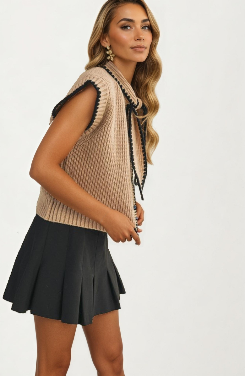 Knit and Lounge Contrast Trim Sleeveless Knit Vest with Tie Detail, Alternate, color, Tan / Black