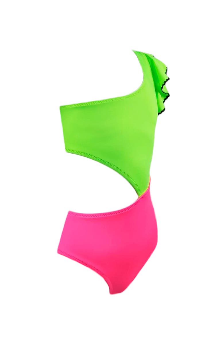 NESSI BYRD Kids' Cut-Out Ruffle One-Piece Swimsuit, Alternate, color, Green-Pink