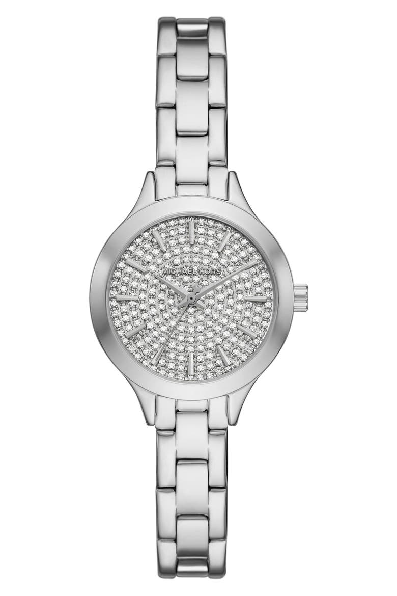 Aspyn Crystal Three-Hand Quartz Bracelet Watch, 28mm, Main, color, SILVER