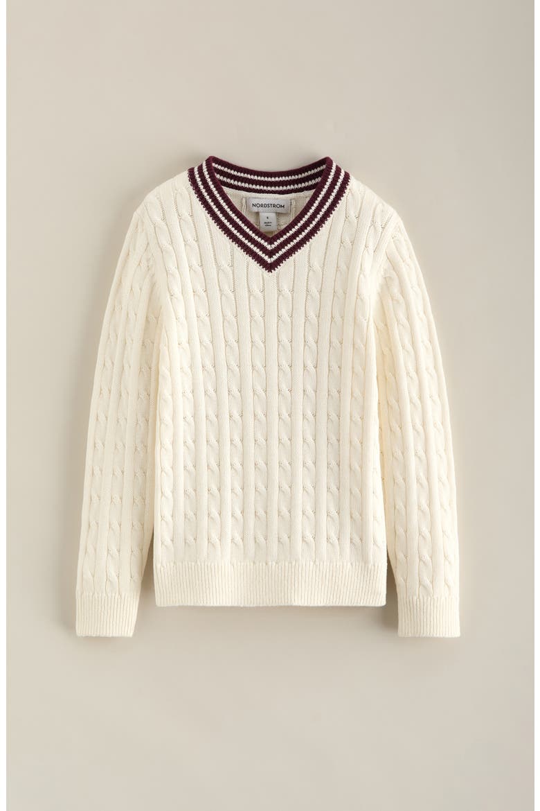Kids' V-Neck Cable Sweater, Main, color, IVORY TOFU