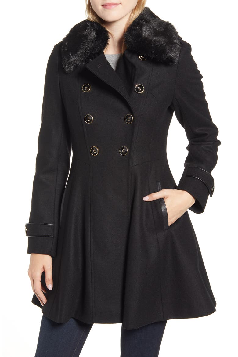 Double Breasted Fit & Flare Coat with Faux Fur Collar, Main, color, BLACK