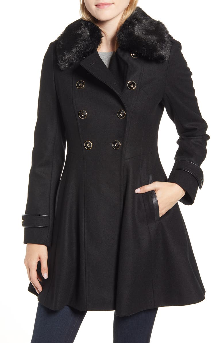 Via Spiga Double Breasted Fit & Flare Coat with Faux Fur Collar, Main, color, 