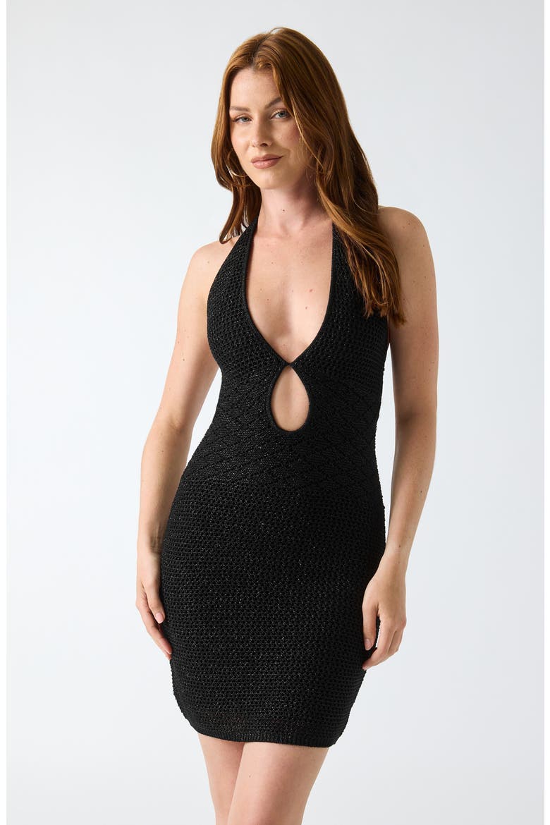 Metallic Open Stitch Halter Dress, Alternate, color, JET BLACK