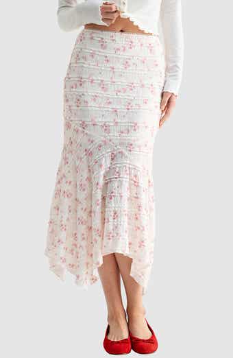 Print Lace Ruffle Handkerchief Hem Maxi Skirt