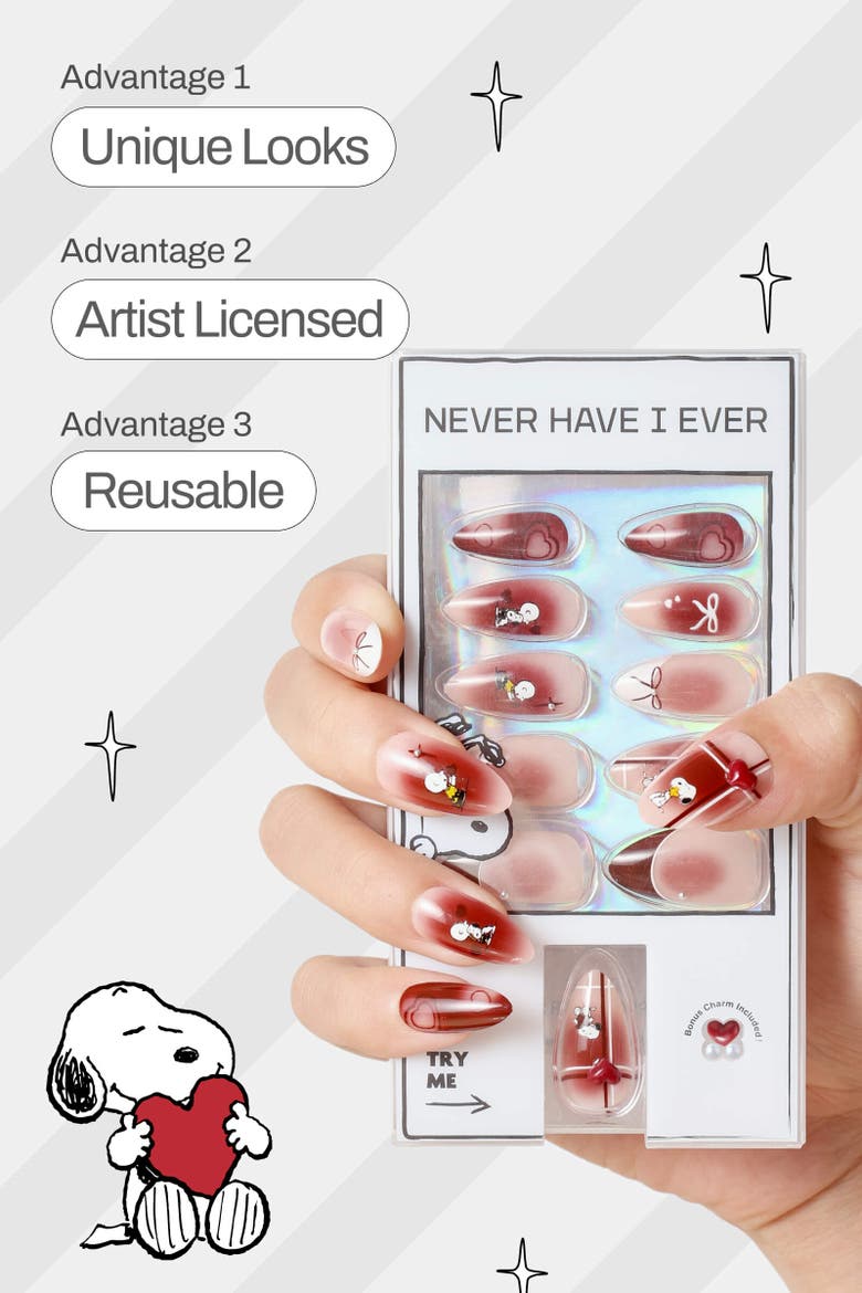 Hearts Of Snoopy Almond Press On Nails, Alternate, color, Red