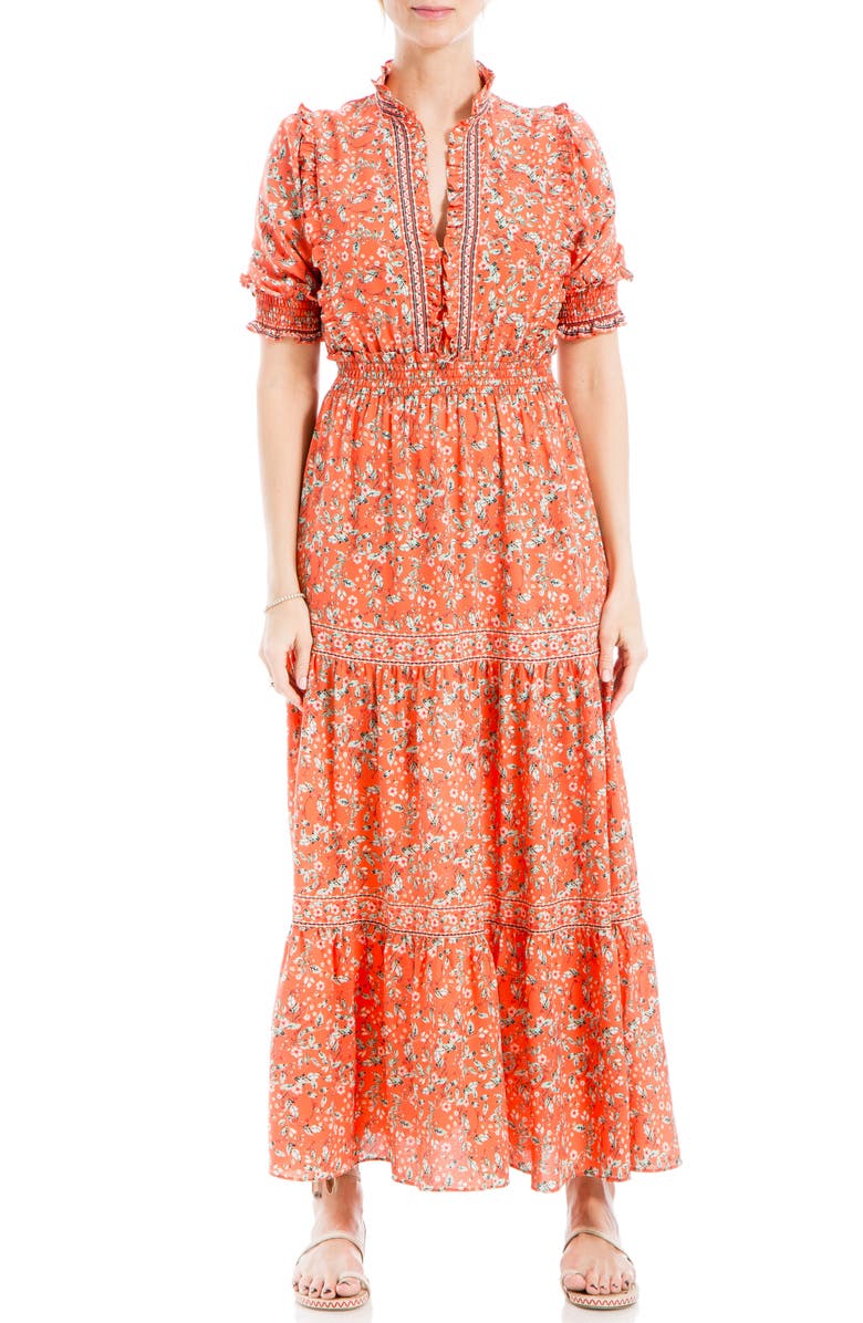 MAX STUDIO Ruffle Collar Print Tiered Maxi Dress, Main, color, Papaya/ Leafy Cherry Blossoms