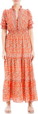 MAX STUDIO Ruffle Collar Print Tiered Maxi Dress
