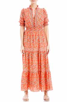 MAX STUDIO Ruffle Collar Print Tiered Maxi Dress