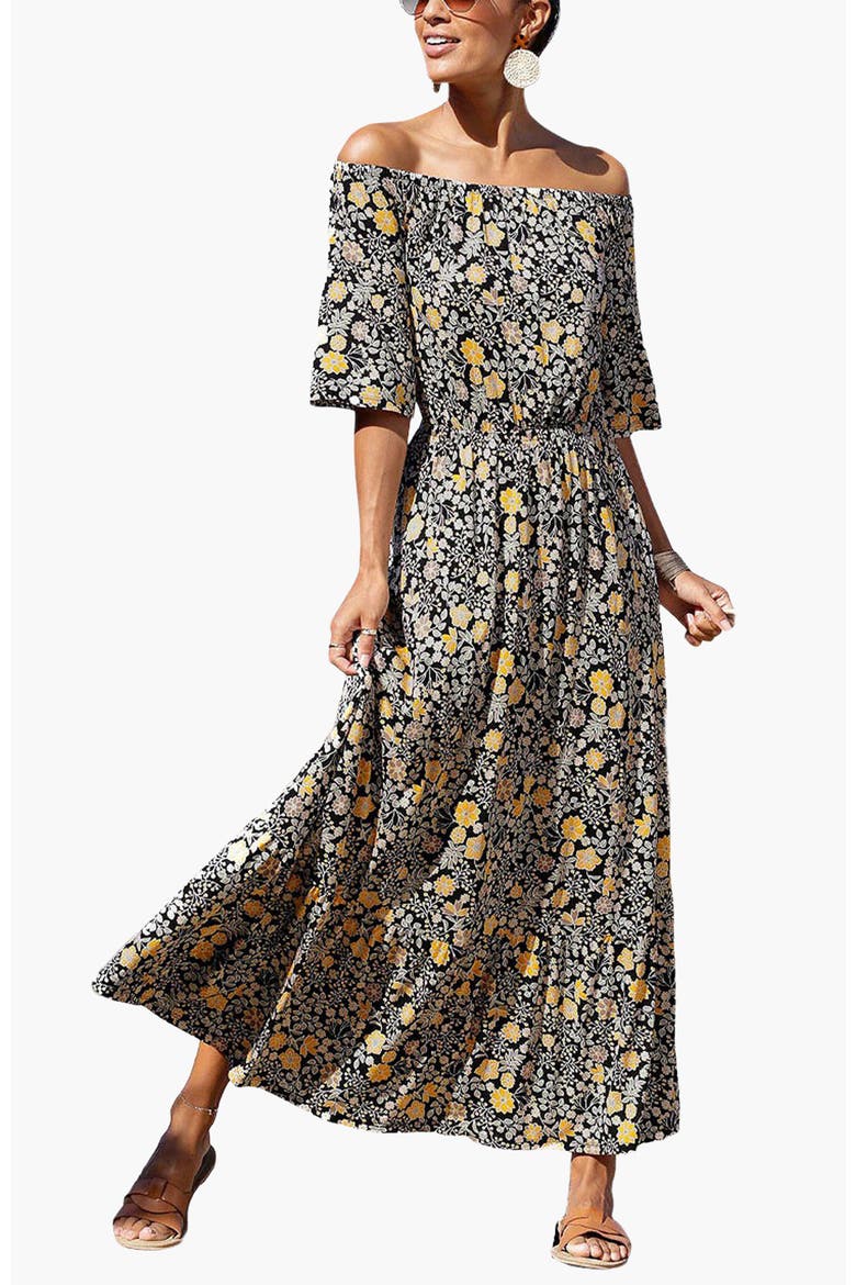 Floral Off Shoulder Maxi Dress, Main, color, Black & Yellow
