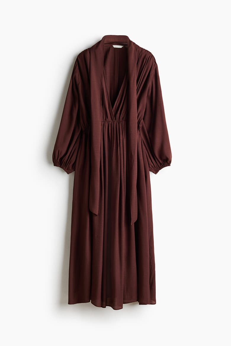 Scarf-detail Balloon-sleeved Dress, Alternate, color, Burgundy