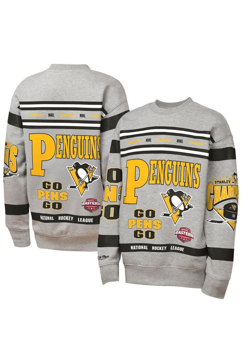 Youth Mitchell & Ness Heather Gray Pittsburgh Penguins Allover Print Fleece Crewneck Sweatshirt, Main, color, Heather Gray