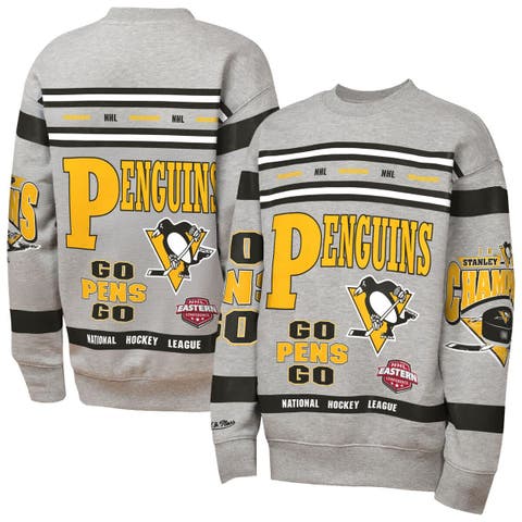 Youth Mitchell & Ness Heather Gray Pittsburgh Penguins Allover Print Fleece Crewneck Sweatshirt