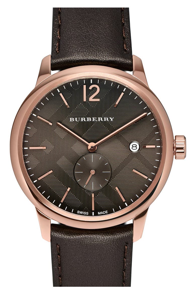 Check Stamped Round Dial Watch, 40mm, Main, color, CHOCOLATE BROWN/ ROSE GOLD