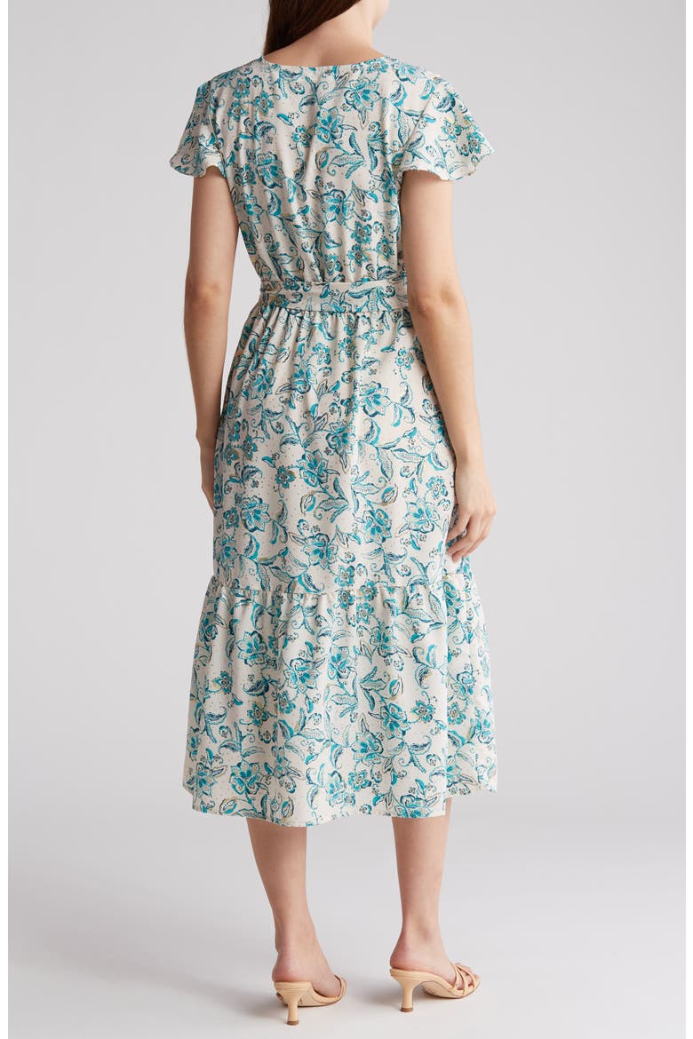 Flutter Sleeve Flounce Waist Tie Dress, Alternate, color, SAND FLORAL