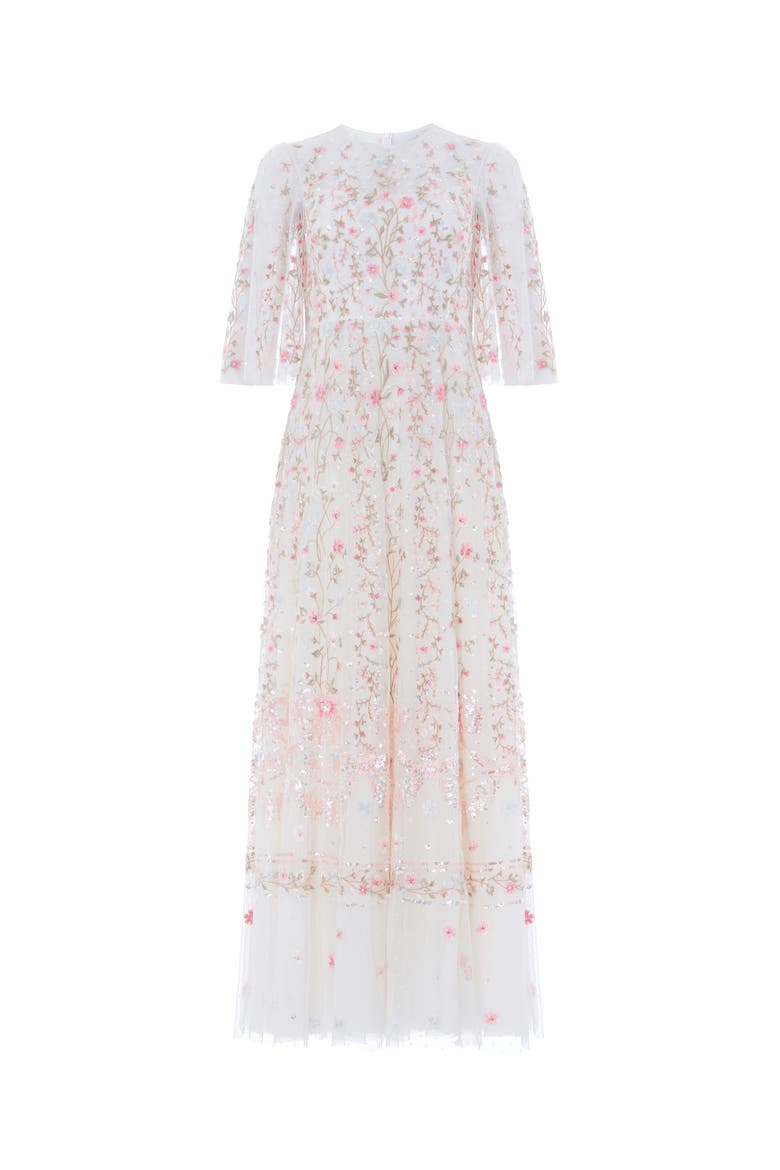 Rococo 3/4 Sleeve Embroidered Gown, Alternate, color, Chalk