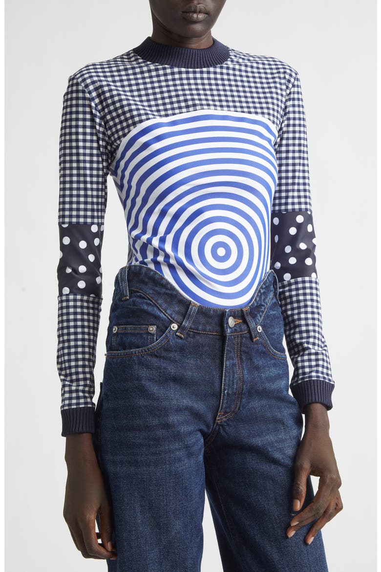 Vichy & Target Mixed Print Jersey Top, Alternate, color, WHITE/ NAVY