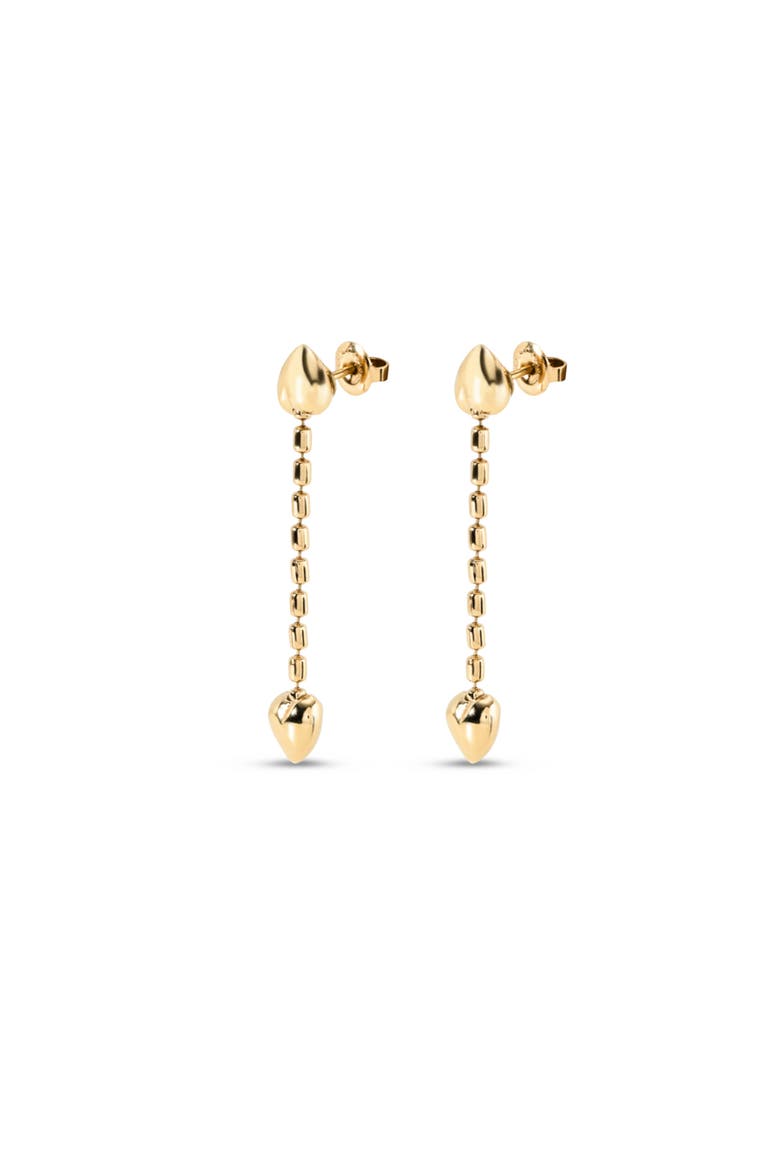 18K Gold-Plated Earrings with Dangling Chain and Small Hearts, Alternate, color, Gold