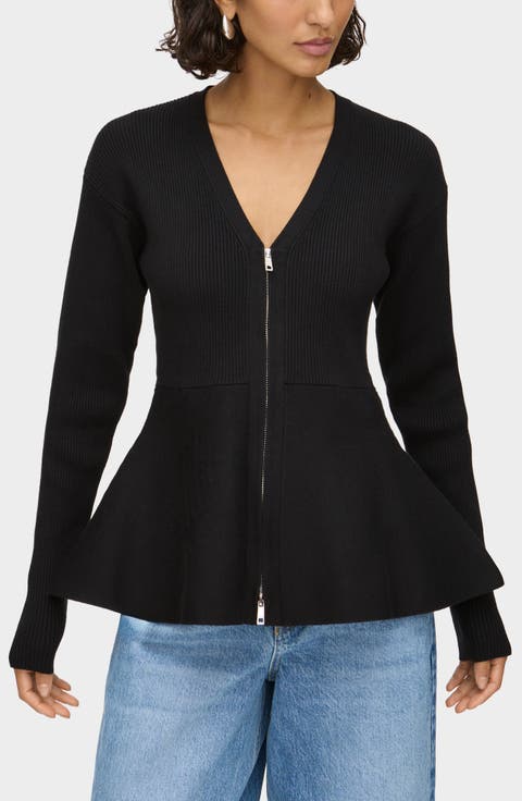 Peplum Detail Rib Zip Cardigan