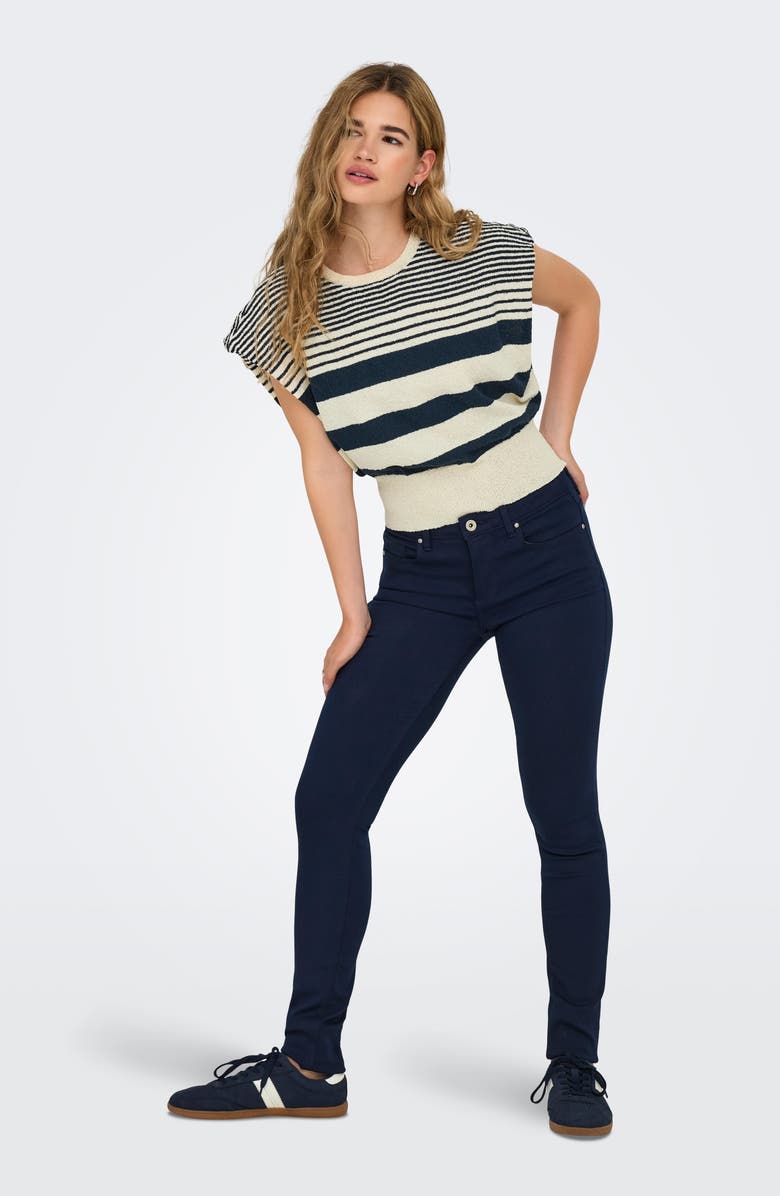 Only Mia Stripe Cap Sleeve Knit Top, Alternate, color, Egret Stripes Total Eclipse