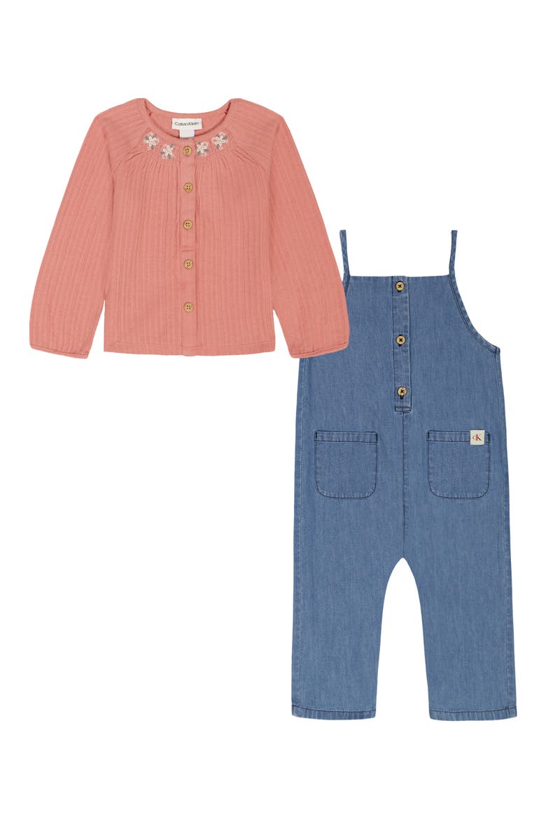 Long Sleeve Top & Denim Romper Set, Alternate, color, BLUE MULTI