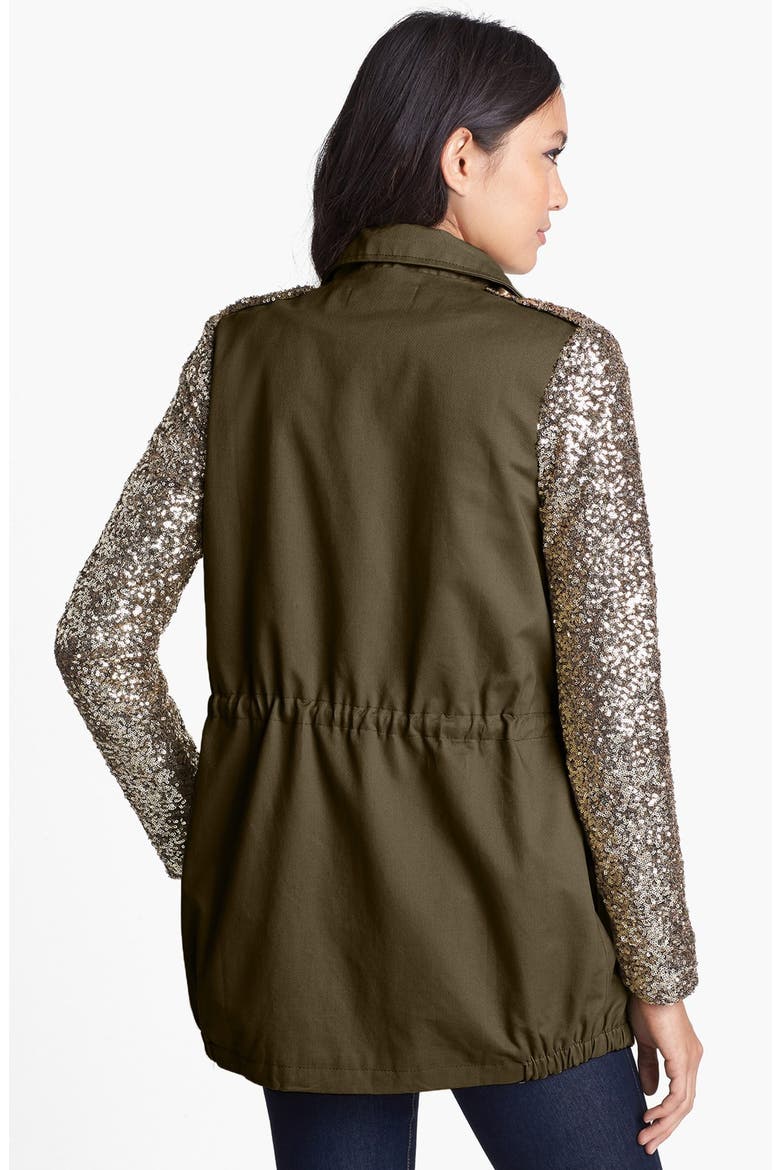 Sequin Sleeve Twill Jacket, Alternate, color, ARMY GREEN