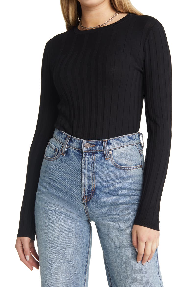 Rib Crew Neck Sweater, Main, color, BLACK