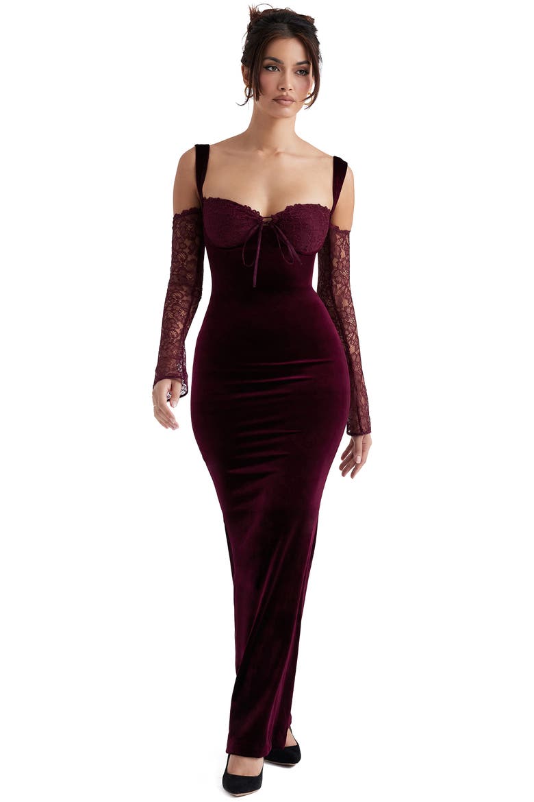 Cold Shoulder Long Sleeve Velvet & Lace Gown, Alternate, color, BROWN CHERRY