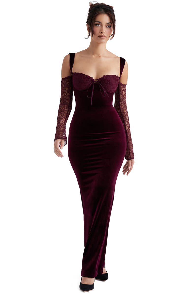 HOUSE OF CB Cold Shoulder Long Sleeve Velvet & Lace Gown, Alternate, color, 