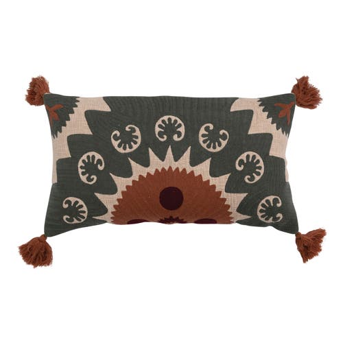 Storied Home Cotton Lumbar Pillow With Suzani Embroidery And Tassels In Multi