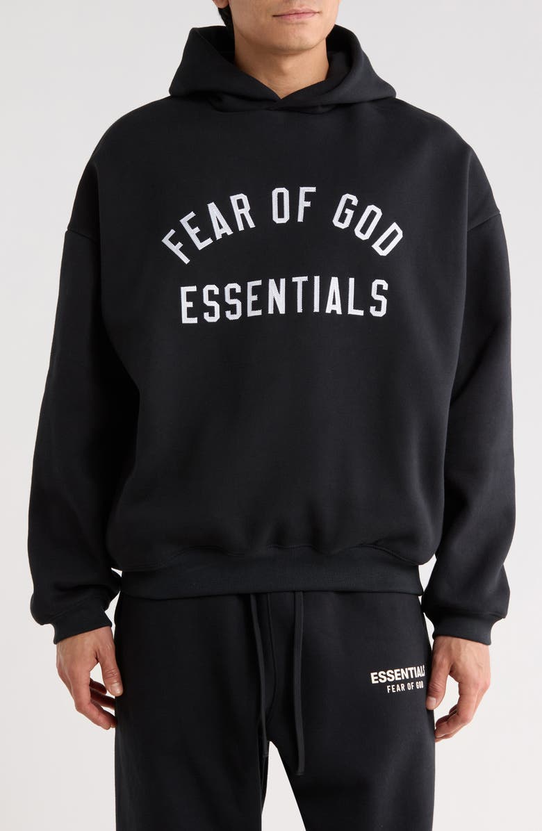 Fear of God Essentials '90s Fit Fleece Logo Hoodie, Main, color, Vintage Black
