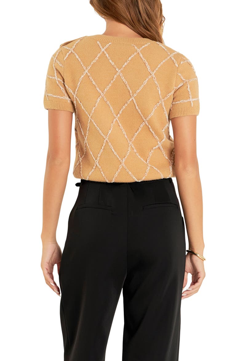 Diamond Pattern Short Sleeve Sweater, Alternate, color, CAMEL