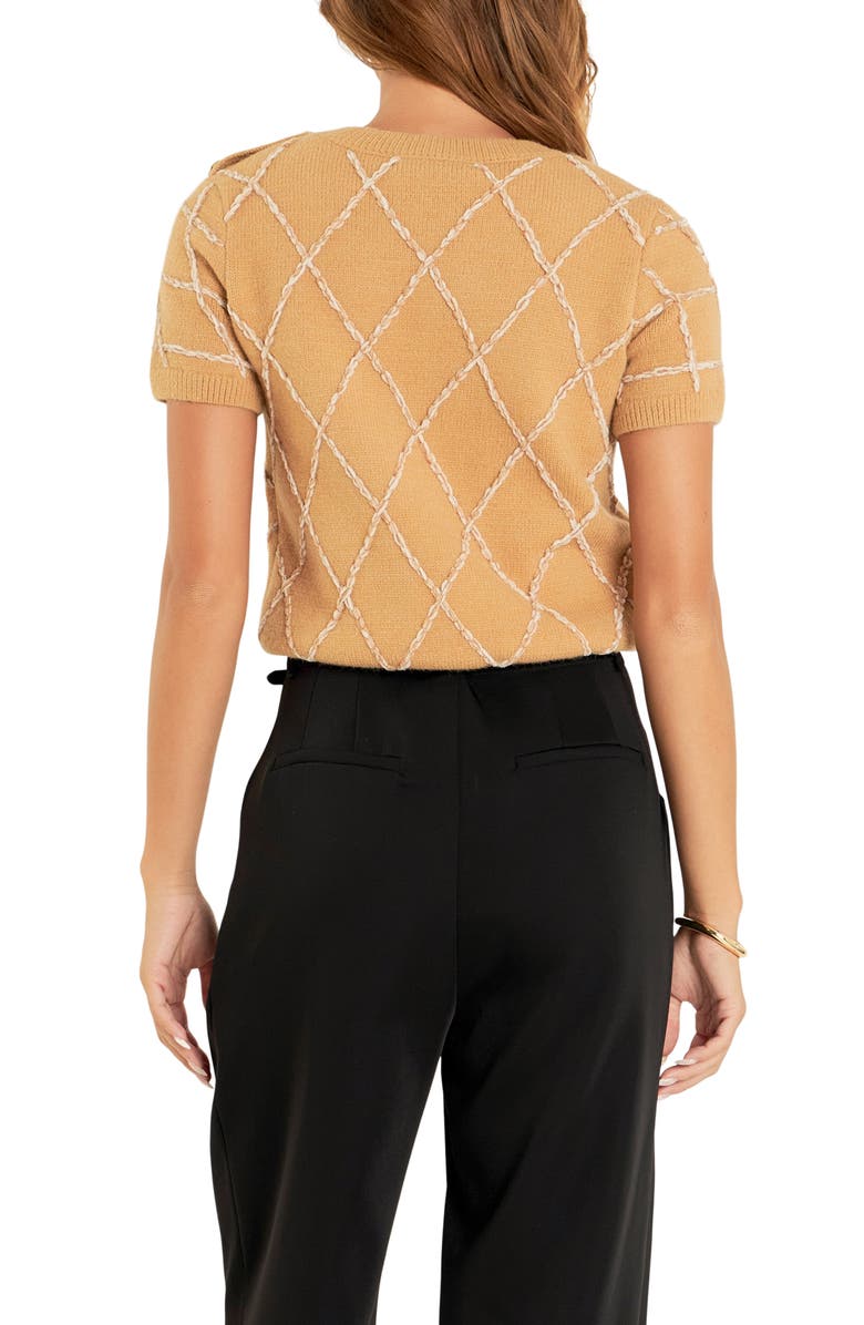 Endless Rose Diamond Pattern Short Sleeve Sweater, Alternate, color, Camel