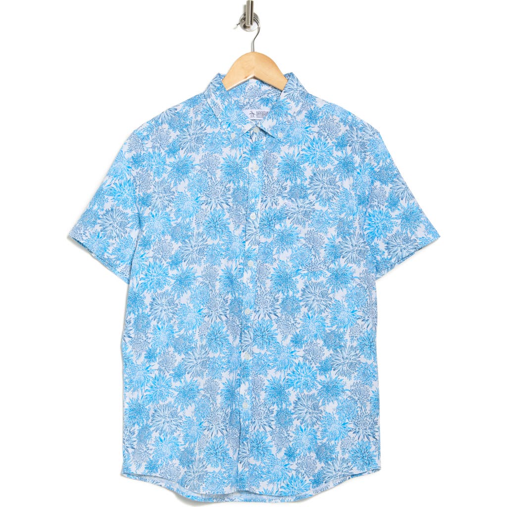 Original Penguin Floral Short Sleeve Button-up Shirt In Ibiza Blue
