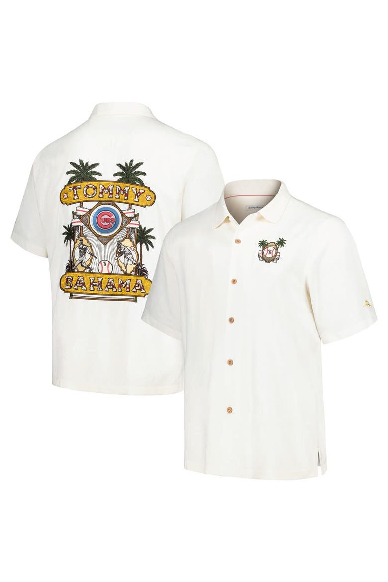 Men's Tommy Bahama White Chicago Cubs Pitcher's Paradiso Button-Up Camp Shirt, Main, color, White
