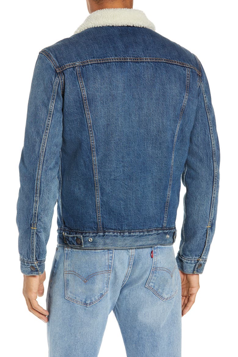 Levi's® Faux Shearling Trim Denim Trucker Jacket, Alternate, color, MAYZE