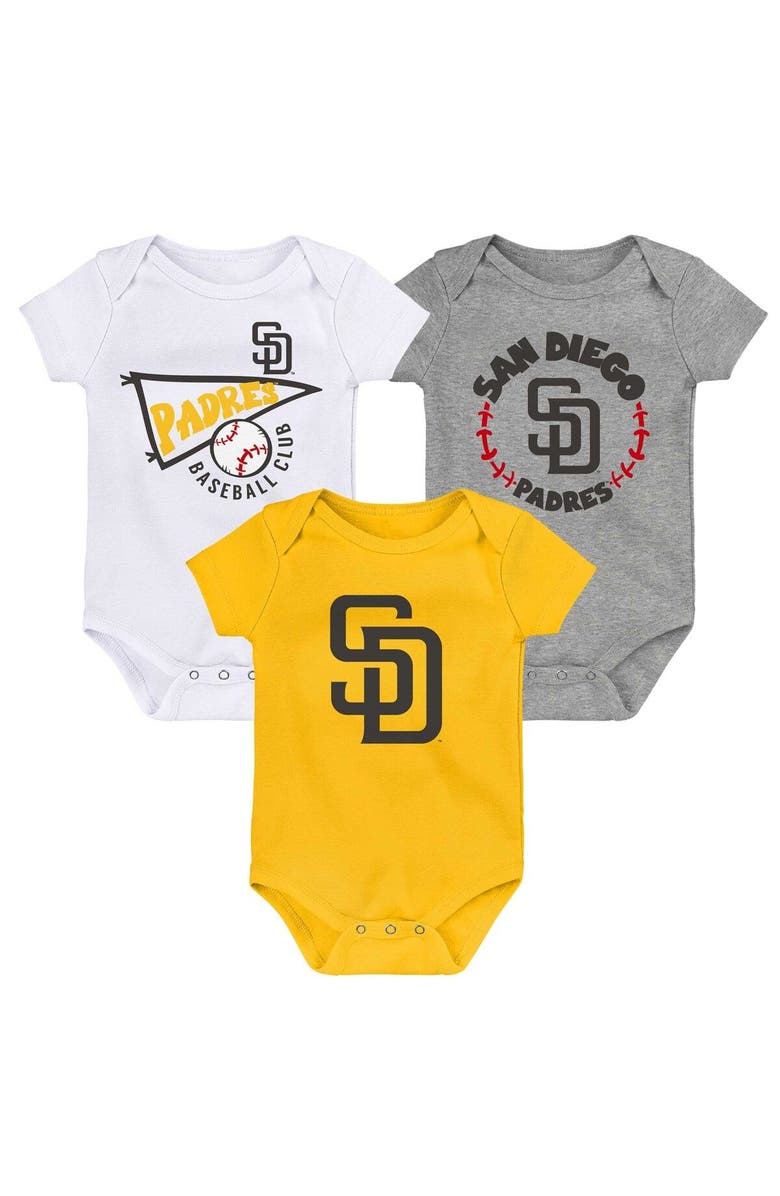 Outerstuff Infant Gold/White/Heather Gray San Diego Padres Biggest Little Fan 3-Pack Bodysuit Set, Main, color, Gold