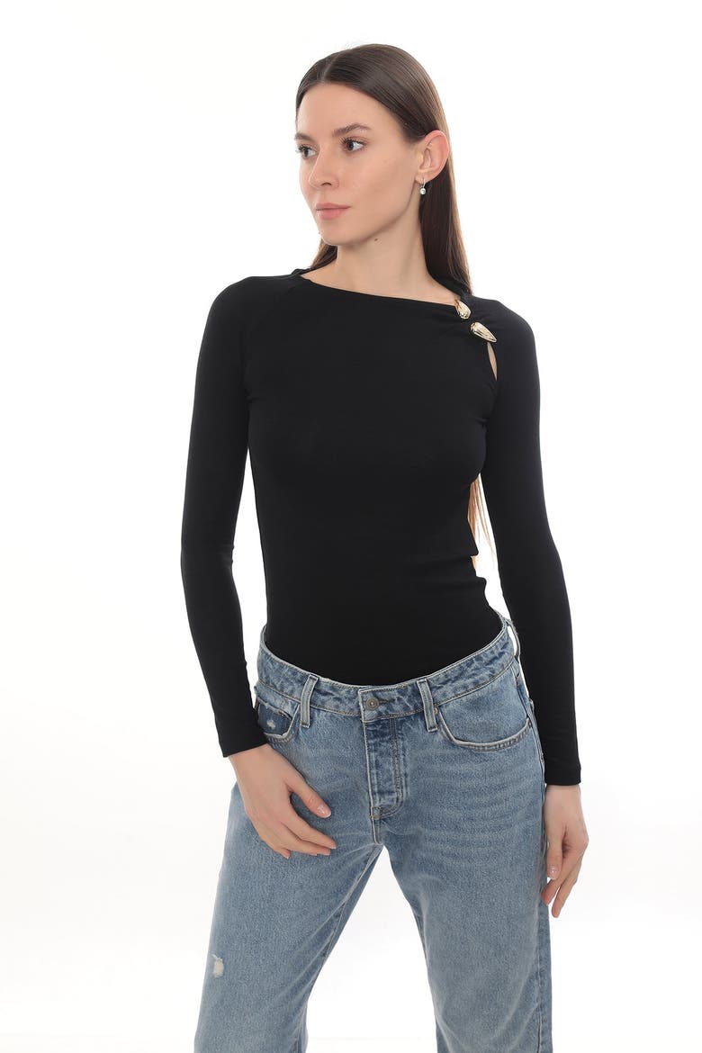 Gold Detail Long Sleeve Stretch Cielo Top, Main, color, Black