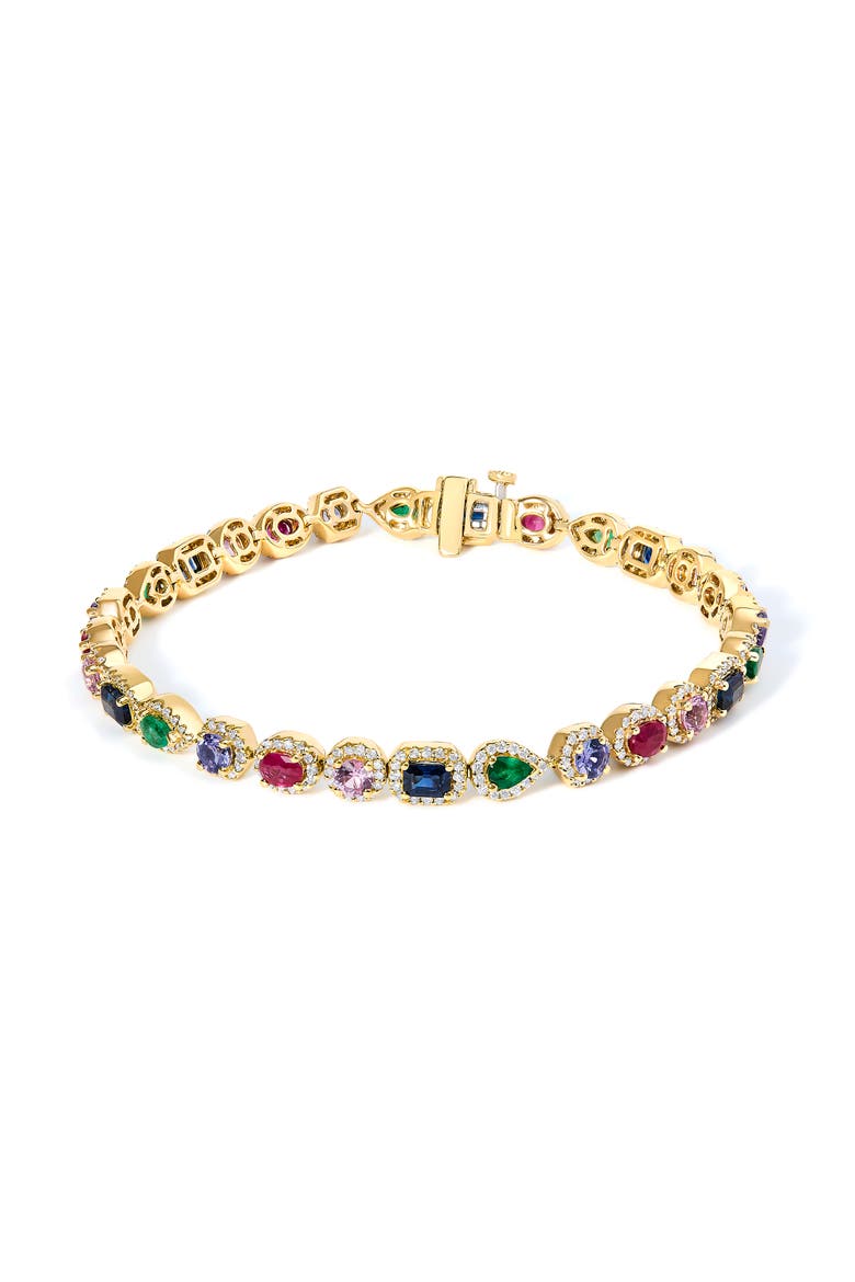 14K Yellow Gold Multi-Gemstone  and Diamond Halo Rainbow Tennis Bracelet, Main, color, Yellow Gold