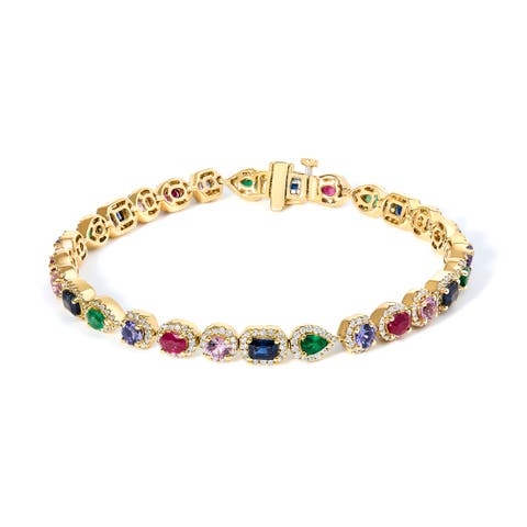14K Yellow Gold Multi-Gemstone  and Diamond Halo Rainbow Tennis Bracelet