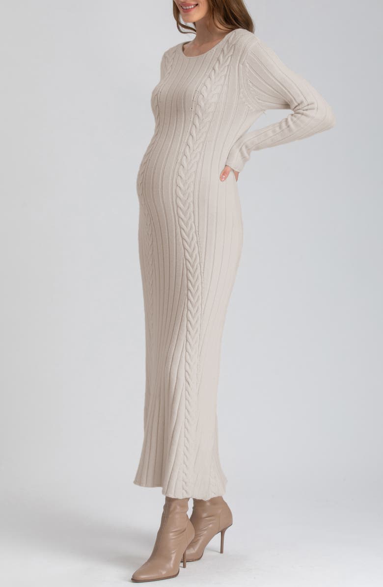 Pietro Brunelli Long Sleeve Mixed Stitch Maternity Midi Sweater Dress, Alternate, color, Light Beige