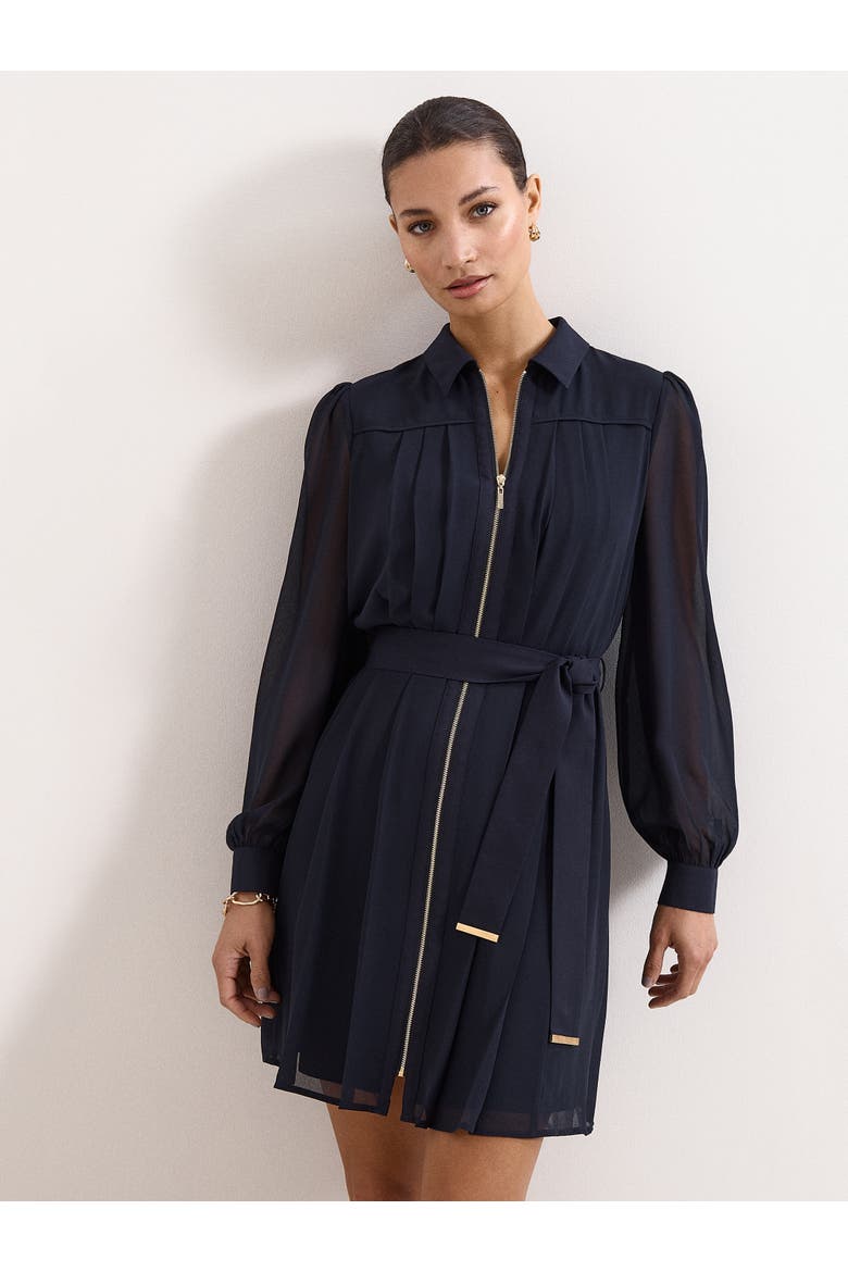 Pleated Zip Shirt Mini Dress, Main, color, Navy