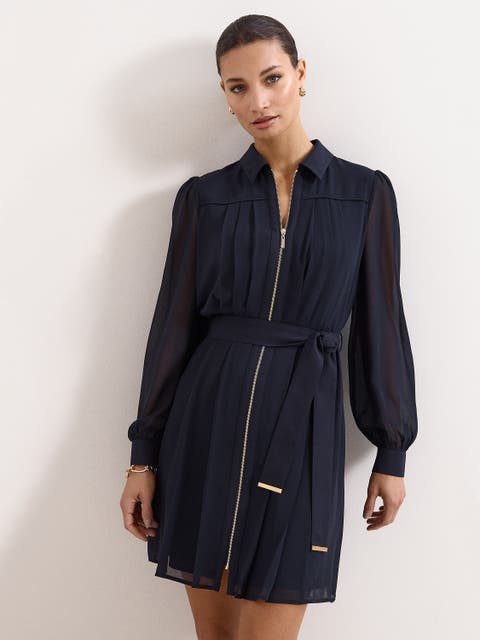 Pleated Zip Shirt Mini Dress