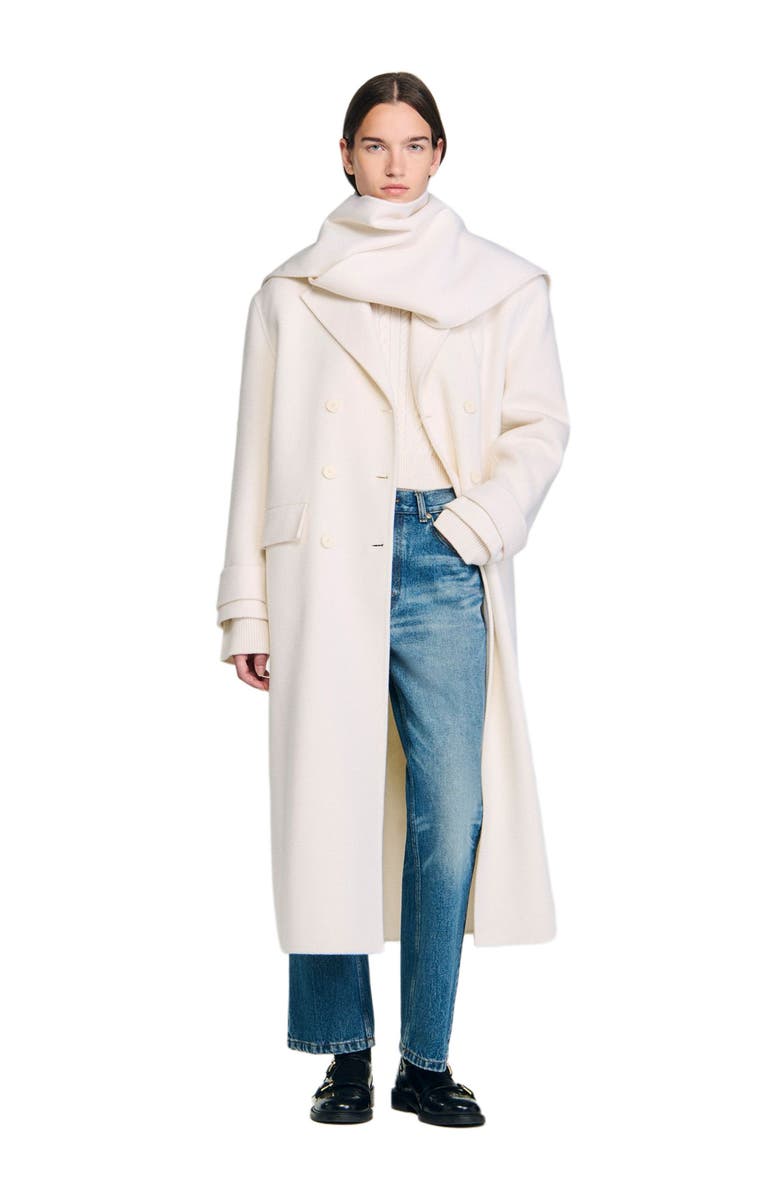 SANDRO Oversized Wool Coat with removable scarf, Alternate, color, Ecru