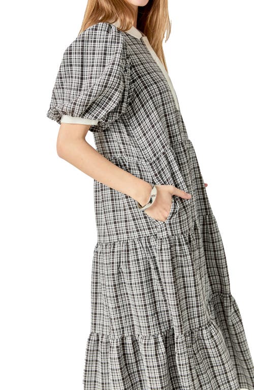 ENGLISH FACTORY ENGLISH FACTORY PLAID TIERED MIDI SHIRTDRESS