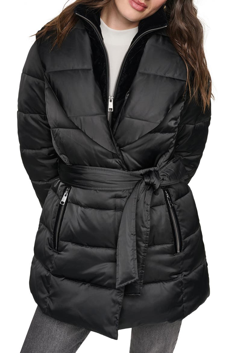 Zamora Shawl Collar Belted Puffer Coat, Alternate, color, BLACK