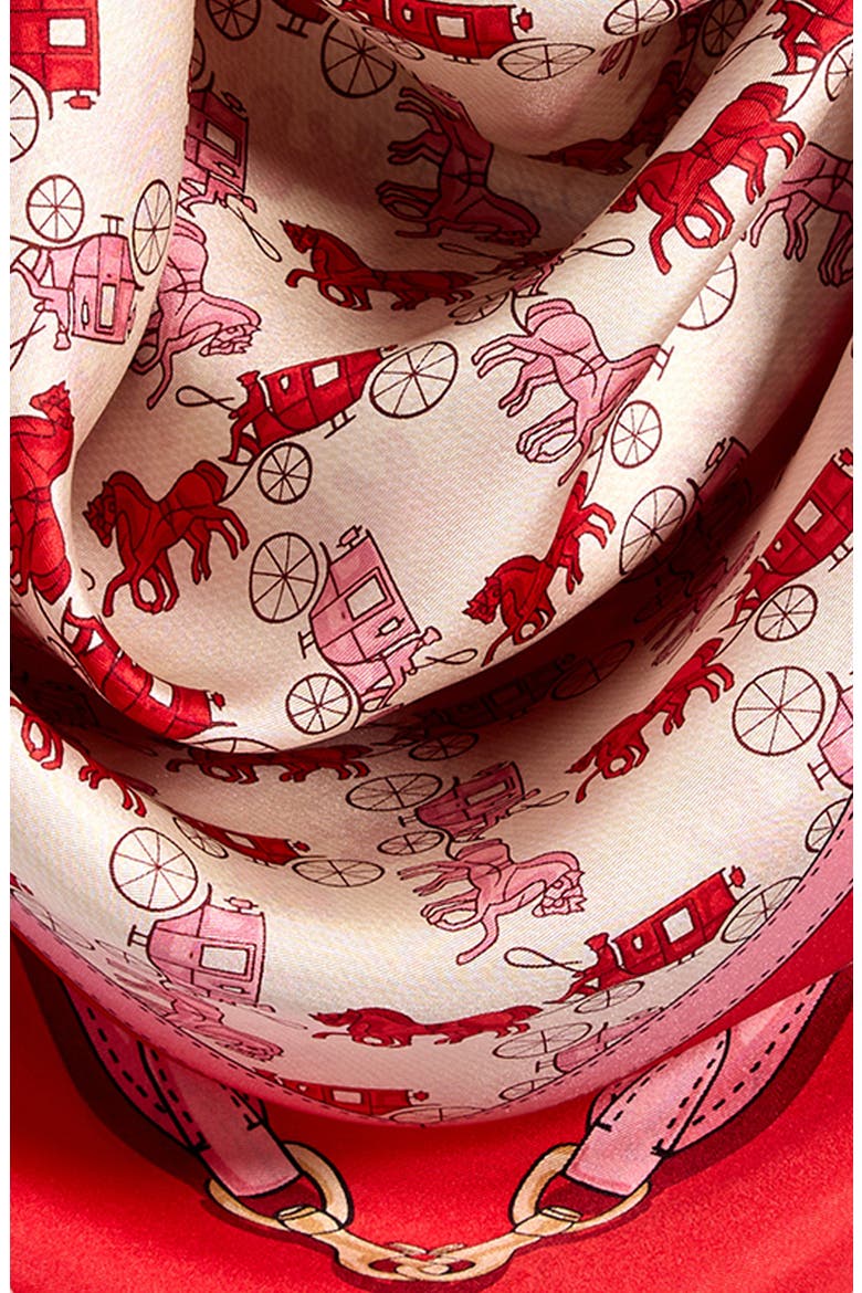 Horse & Carriage Print Silk Square Scarf, Alternate, color, FLAME SCARLET