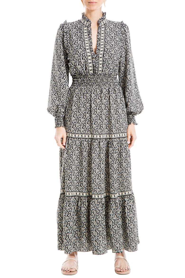 Printed Tiered Smocked Waist Maxi Dress, Main, color, BLACK/ SKY DAINTY BUDS