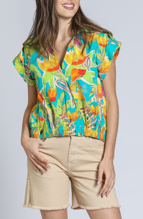 Apny Print Wrap Front Cotton High-low Top In Lime Green Multi